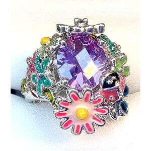 PARK LANE FAIRYTALE LAVENDER CZ FLORAL ENAMEL LADYBUG SILVER RING Size 8 EUC